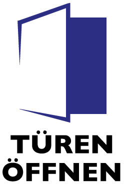 Grafik einer offenen Tür, darunter der Schriftzug Türen öffnen