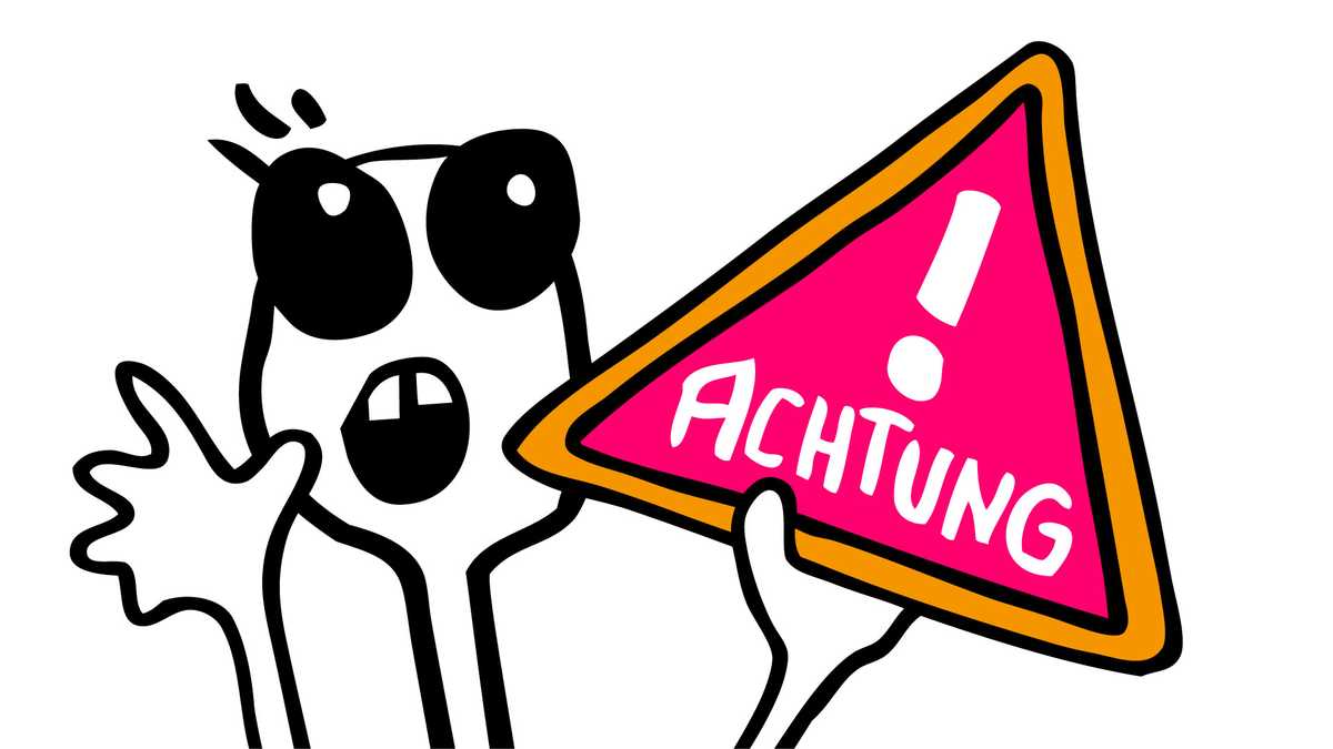 Ein Männchen hält ein Schild mit dem Wort Achtung hoch