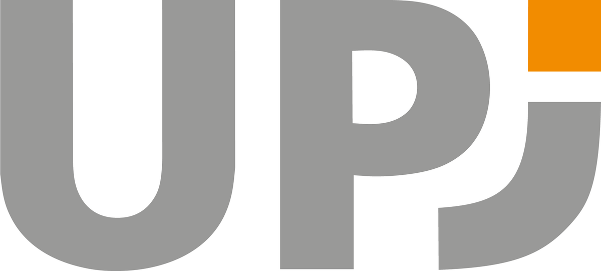 Logo in Grau mit orangenem i-Punkt auf dem j