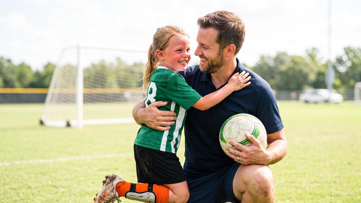 Mann mit Mädchen im Arm auf dem Fußballplatz
